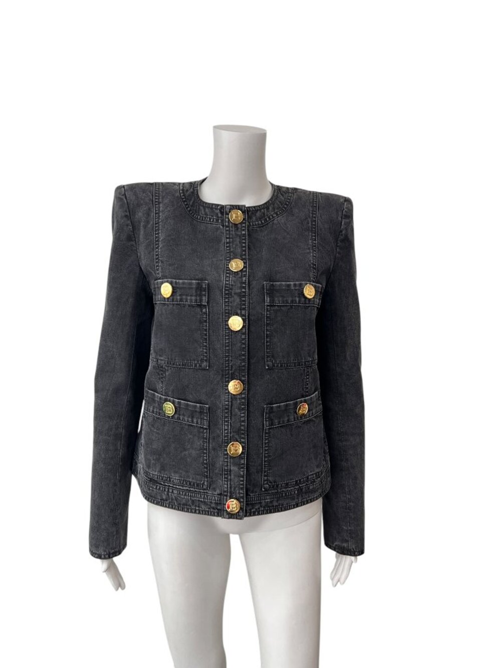 $2075 Balmain Black Acid Wash Gold Button Denim Jacket size FR 38/6